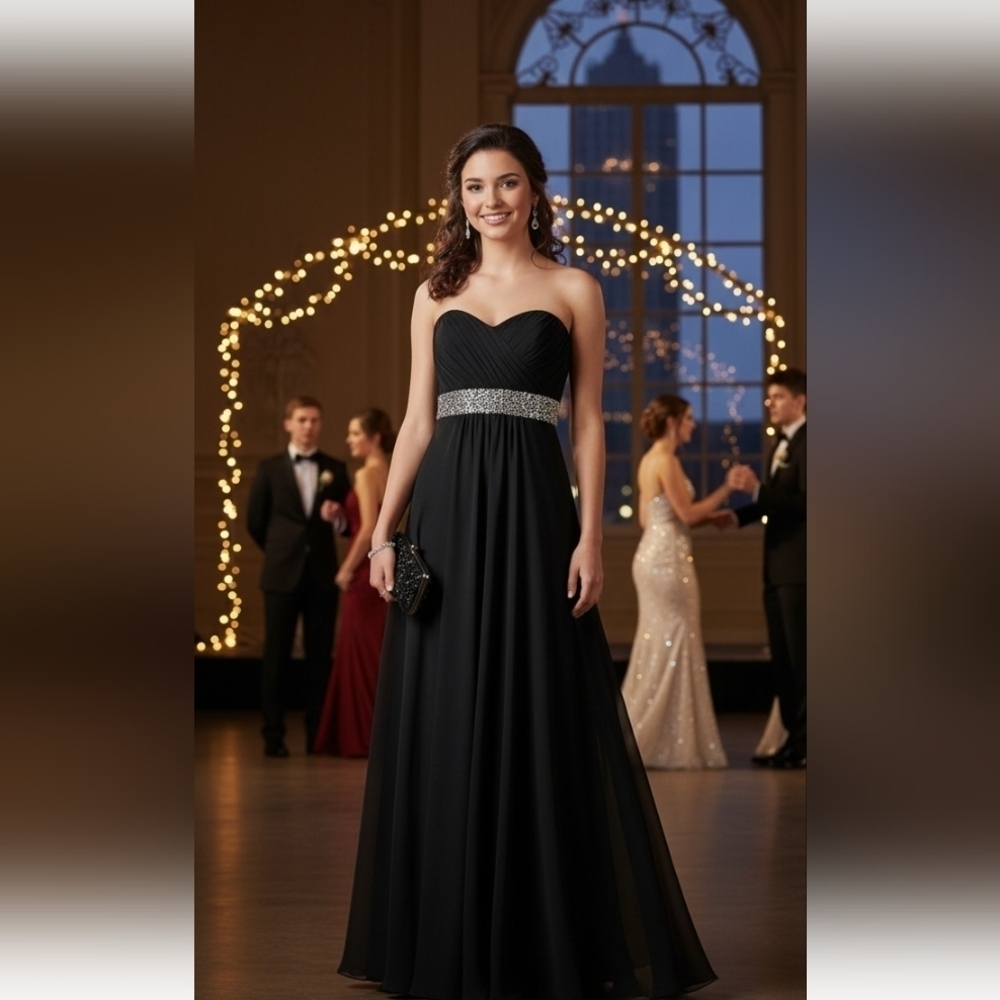 Y2K Strapless Black Sweetheart Neck Prom Dress Gown Strapless Rhinestone Sz 5